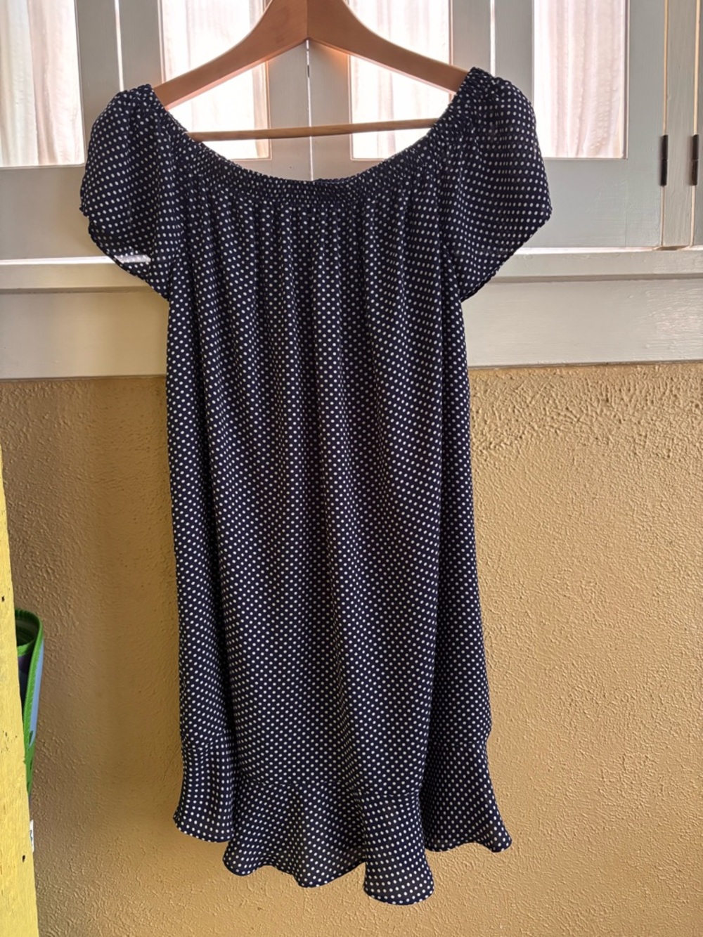 Express Navy Polka Dot Off Shoulder Mini Dress Size M Flowy Peasant Style